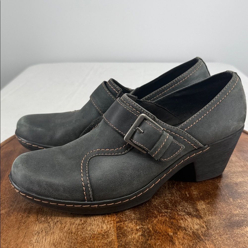 Clarks Bendables Shoes Wm 10m Leather Block Heel Loafers Booties Buckle